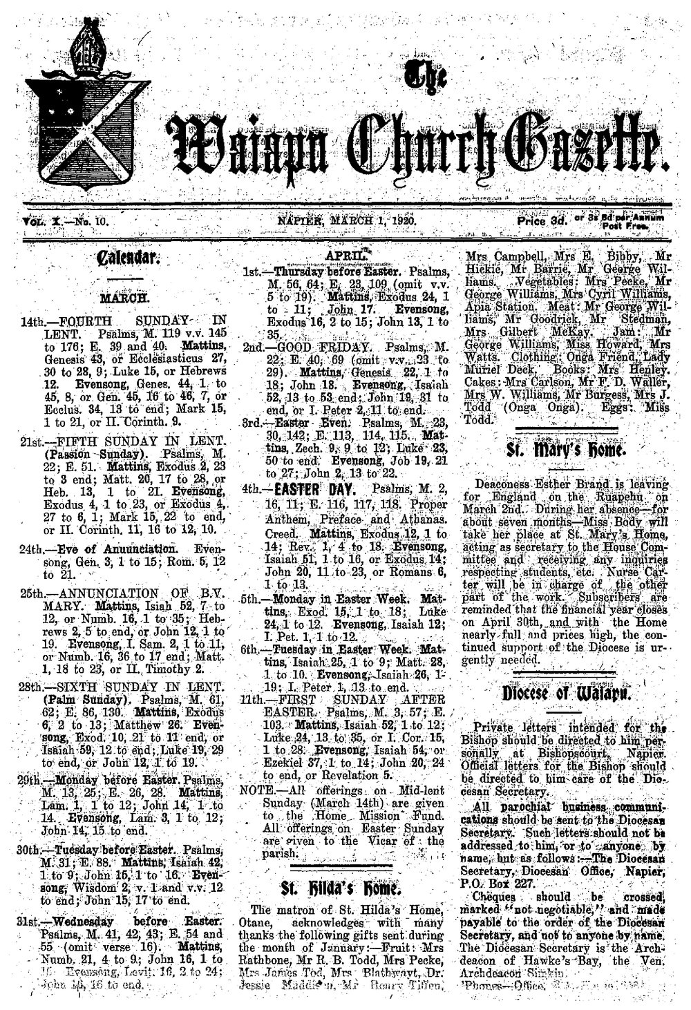 The Waiapu Church Gazette: 1st March 1920