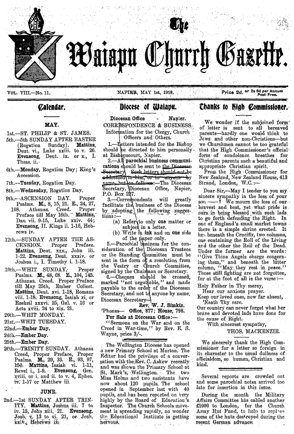 The Waiapu Church Gazette: 1st May 1918