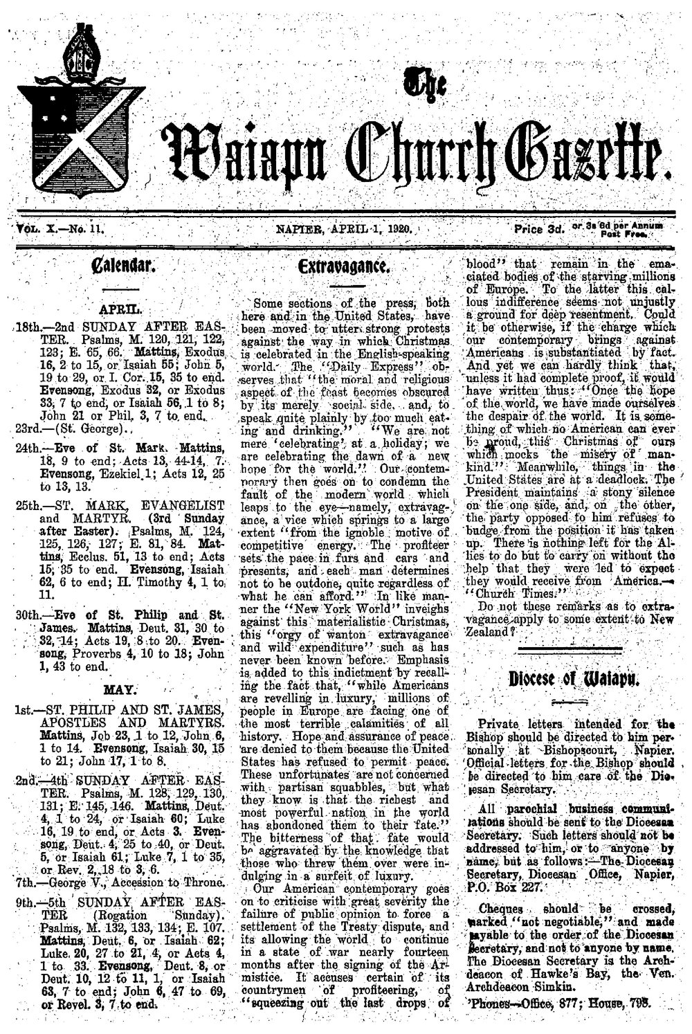 The Waiapu Church Gazette: 1st April 1920