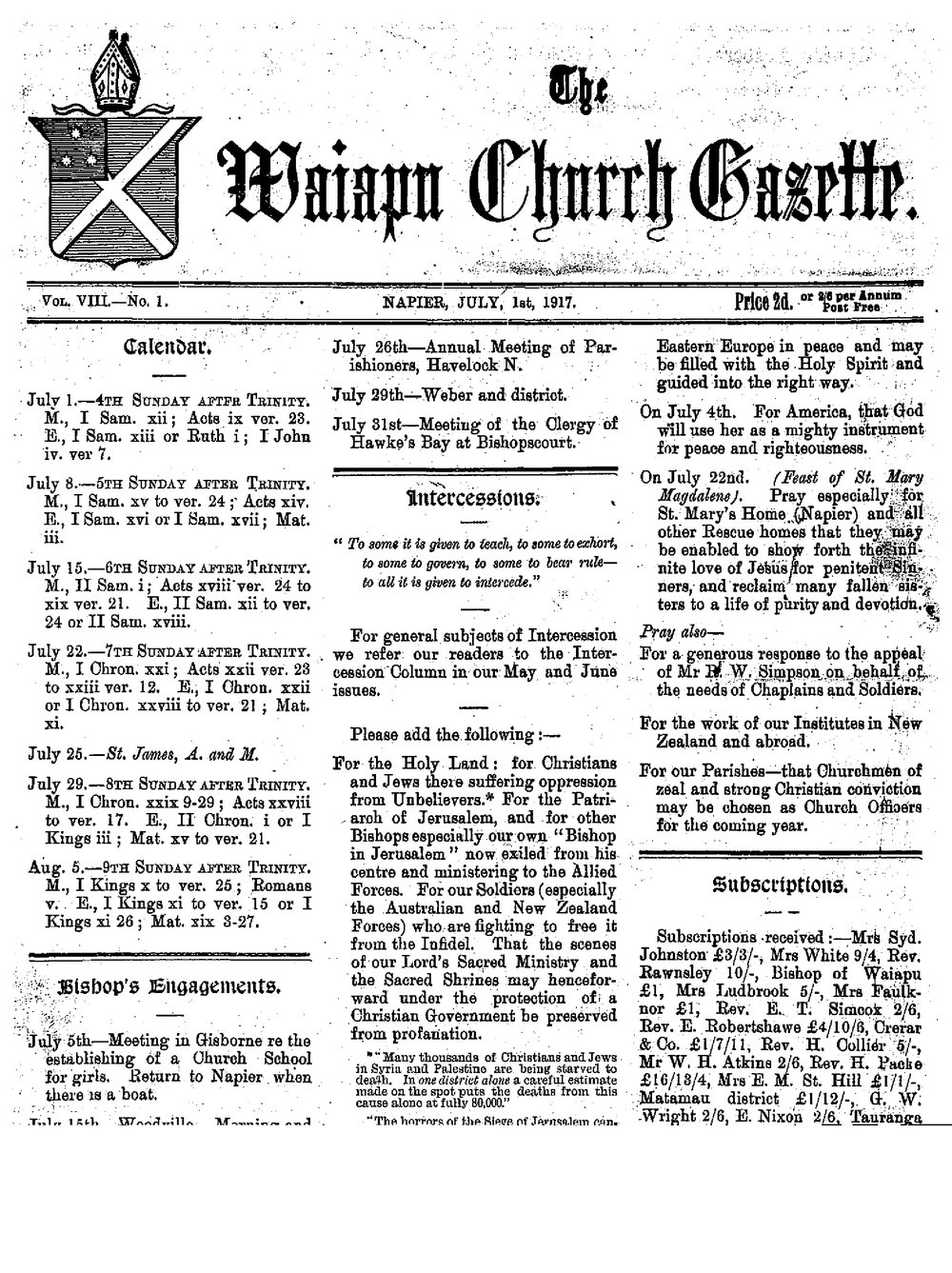 The Waiapu Church Gazette: 1st July 1917