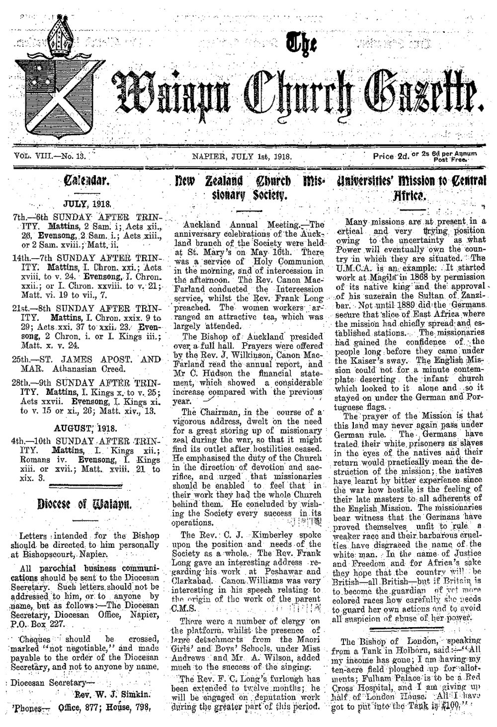 The Waiapu Church Gazette: 1st July 1918