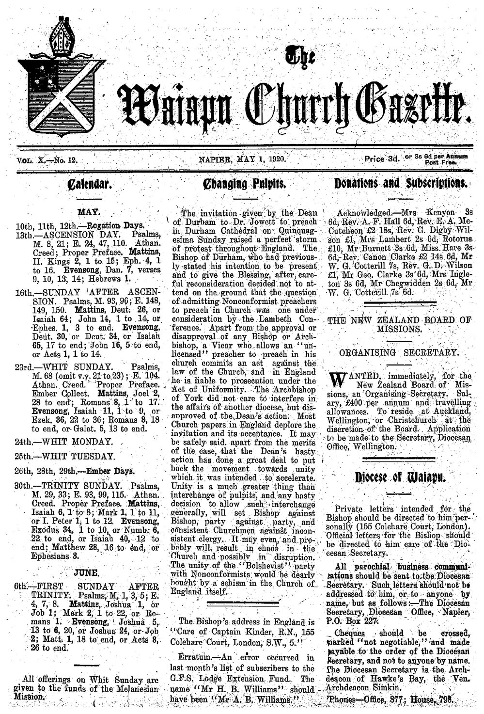 The Waiapu Church Gazette: 1st May 1920