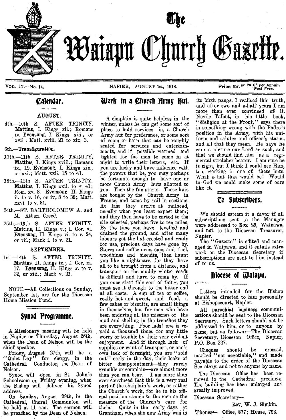 The Waiapu Church Gazette: 1st August 1918