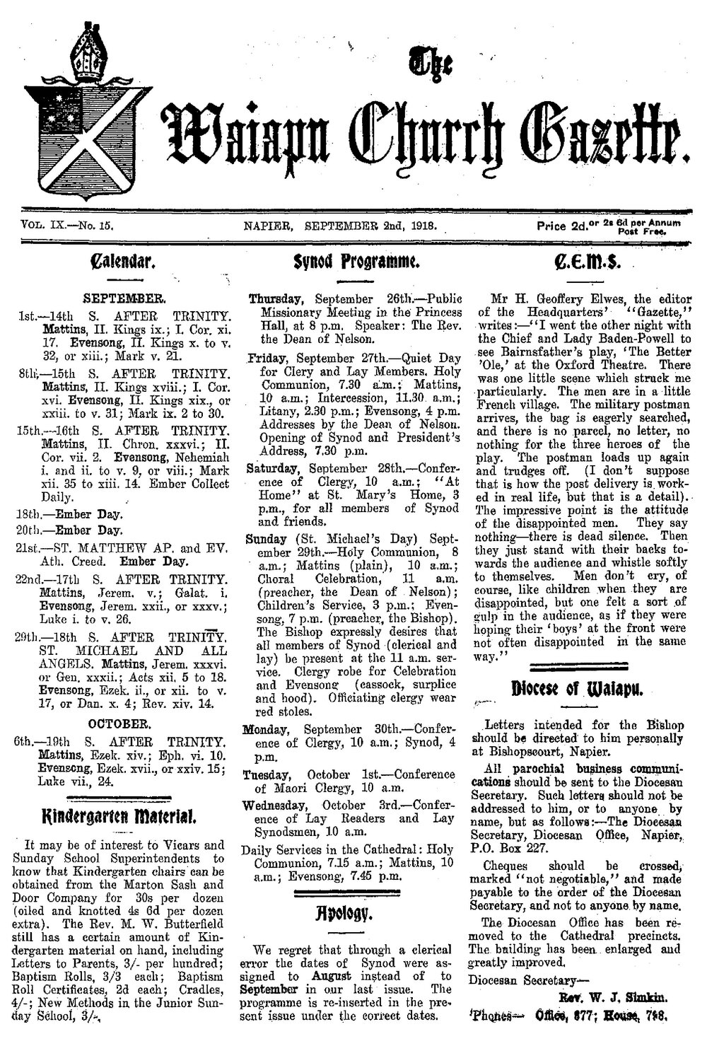 The Waiapu Church Gazette: 2nd September 1918