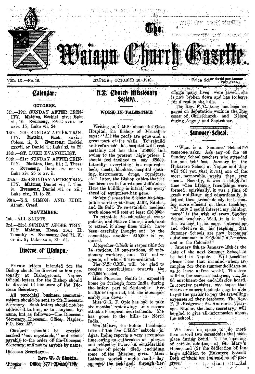 The Waiapu Church Gazette: 9th October 1918
