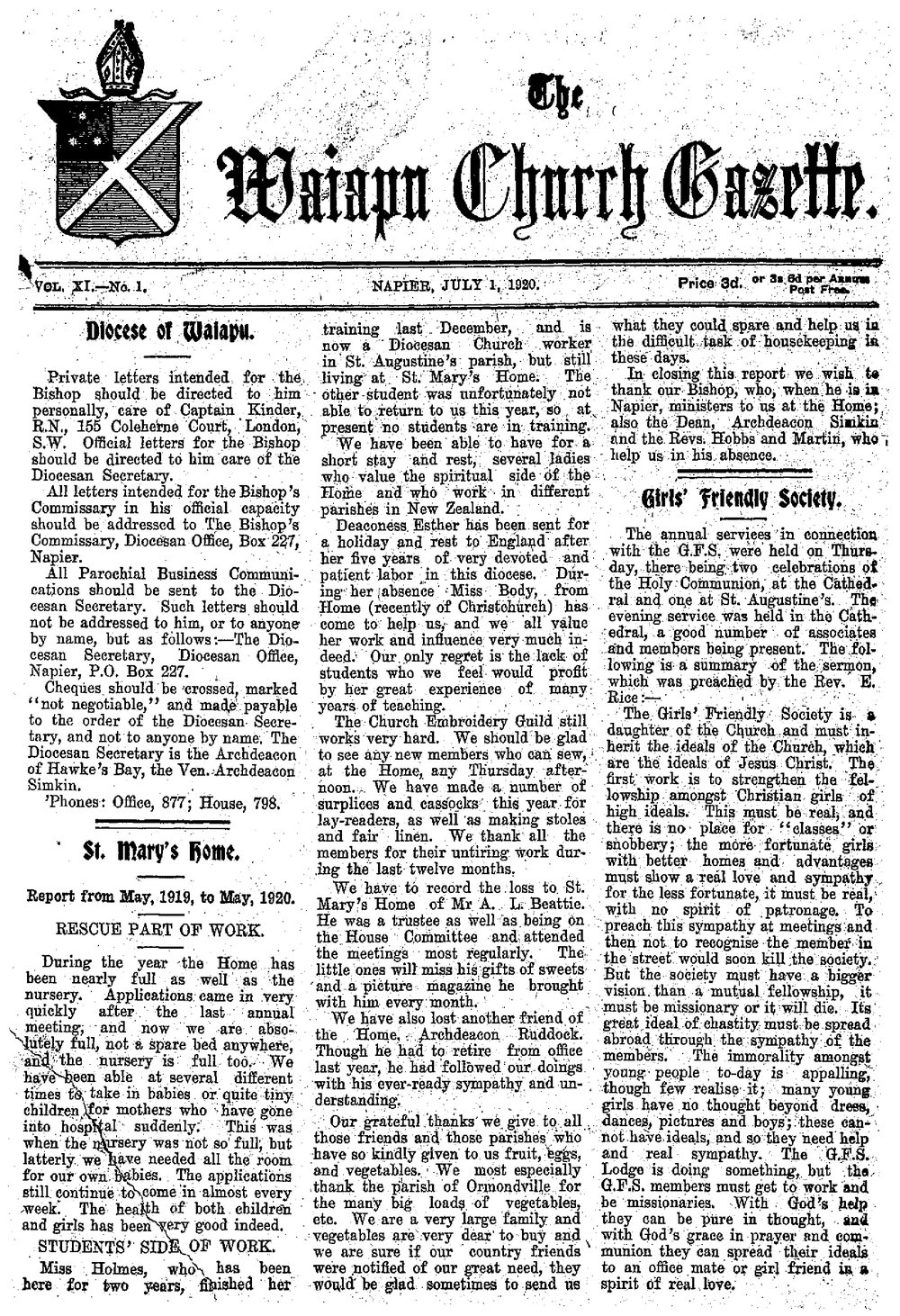 The Waiapu Church Gazette: 1st July 1920