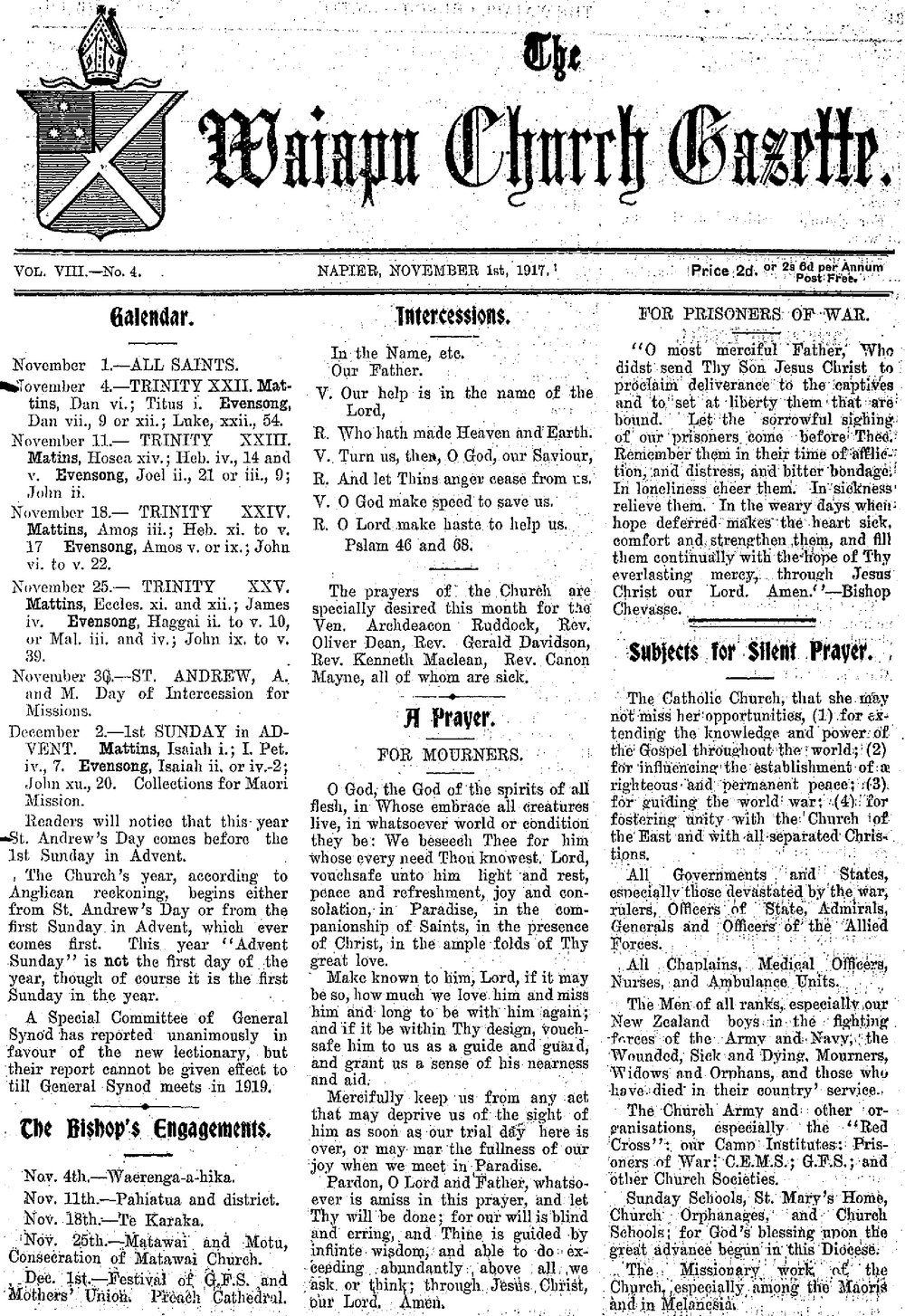 The Waiapu Church Gazette: 1st November 1917
