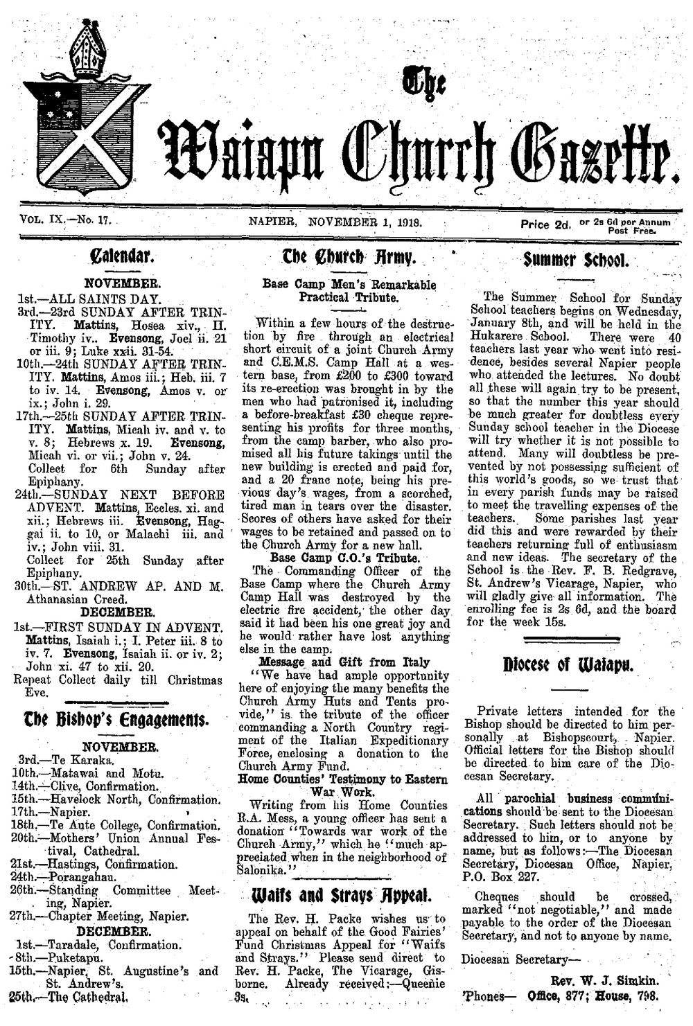 The Waiapu Church Gazette: 1st November 1918