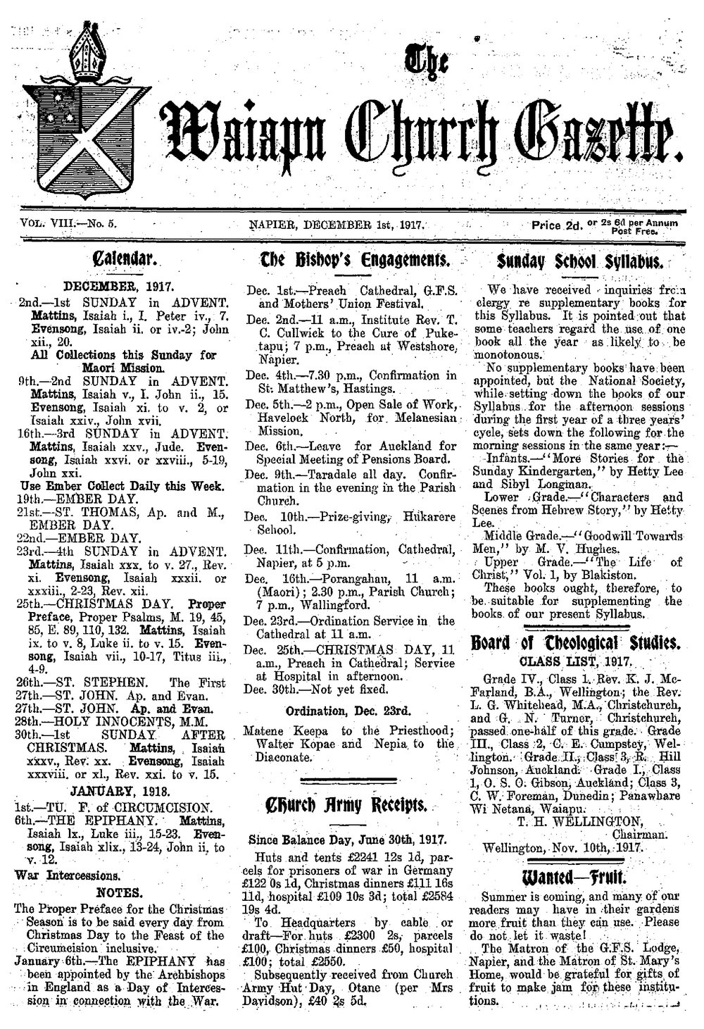 The Waiapu Church Gazette: 1st December 1917