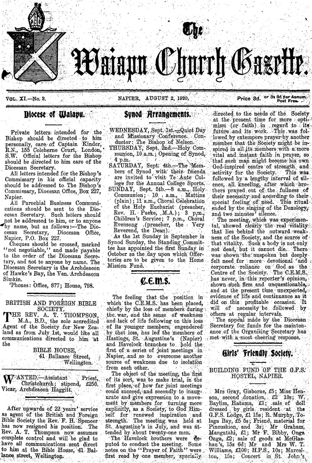 The Waiapu Church Gazette: 2nd August 1920
