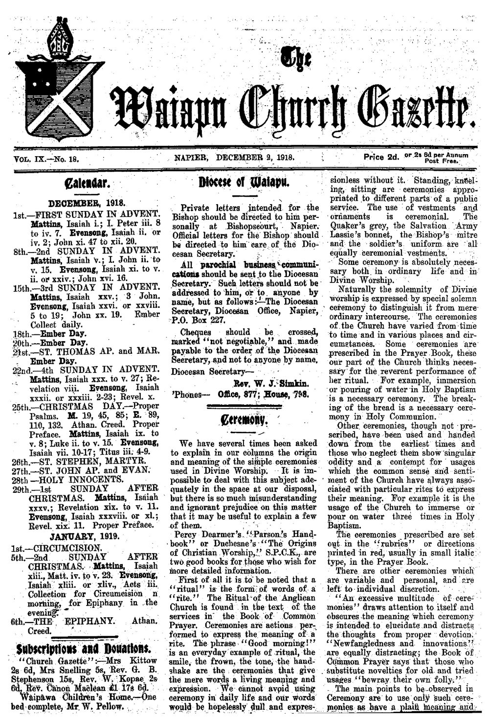 The Waiapu Church Gazette: 2nd December 1918