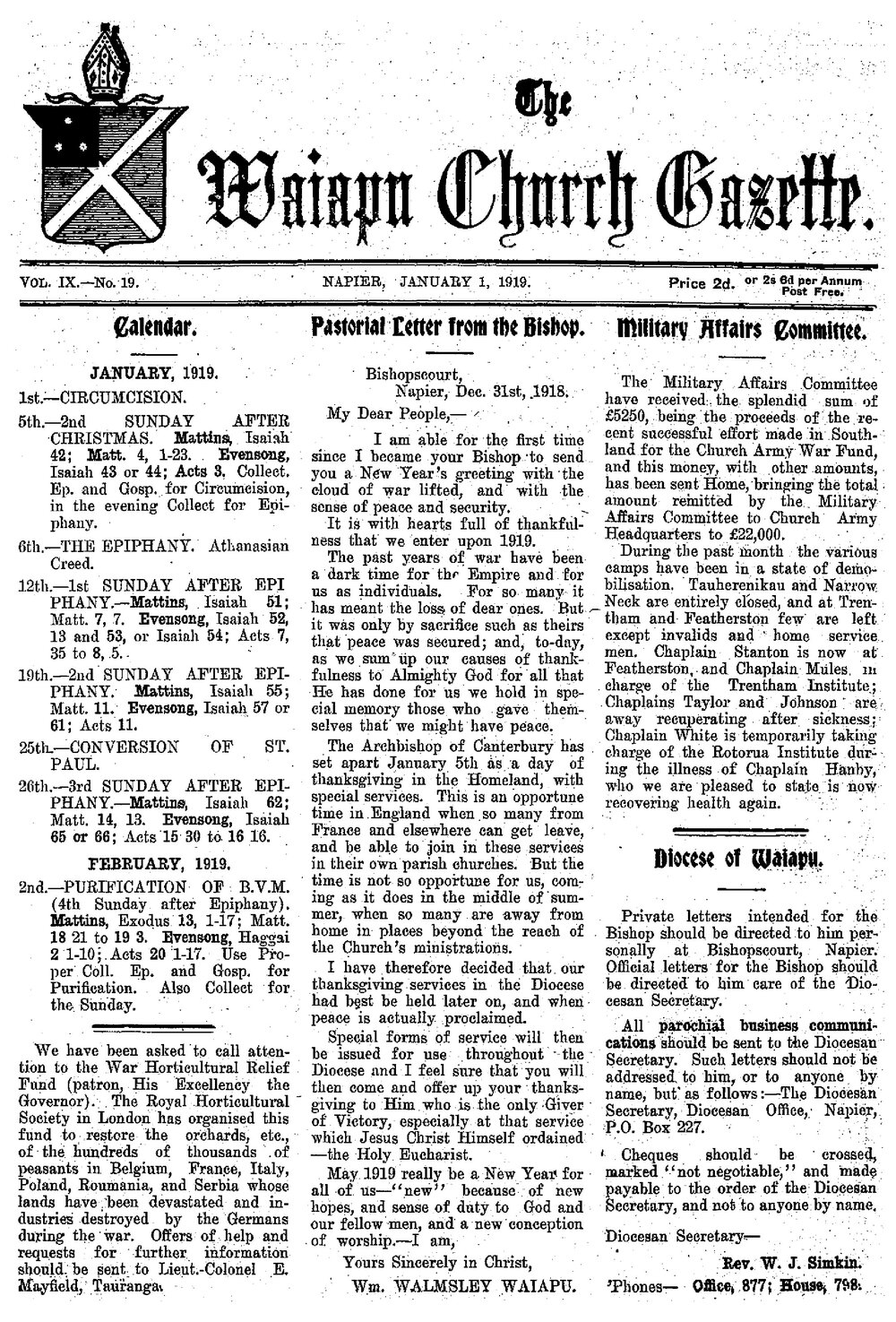 The Waiapu Church Gazette: 1st January 1919