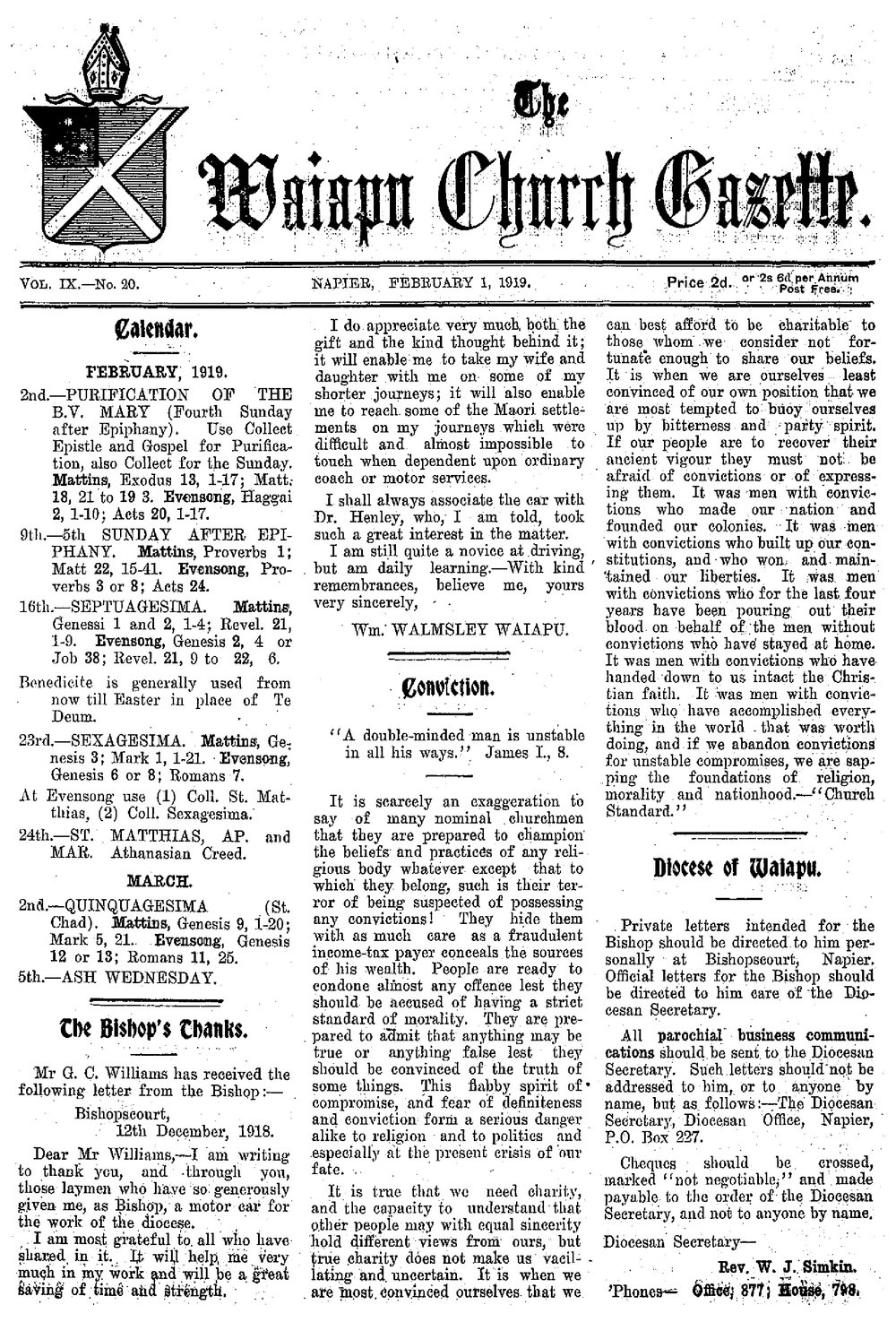The Waiapu Church Gazette: 1st February 1919