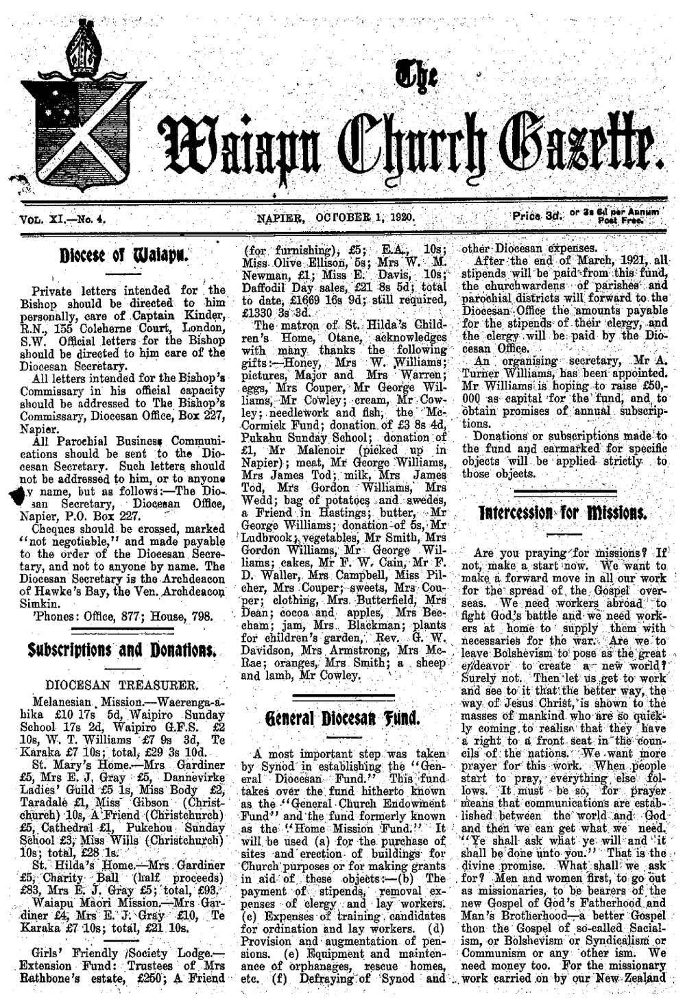 The Waiapu Church Gazette: 1st October 1920