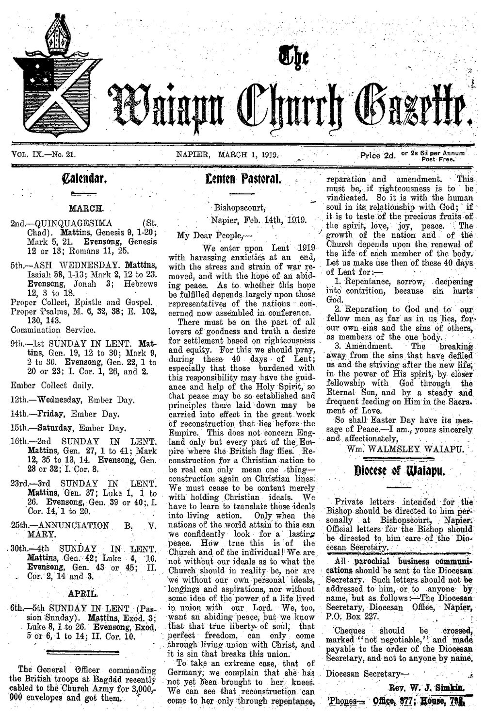 The Waiapu Church Gazette: 1st March 1919