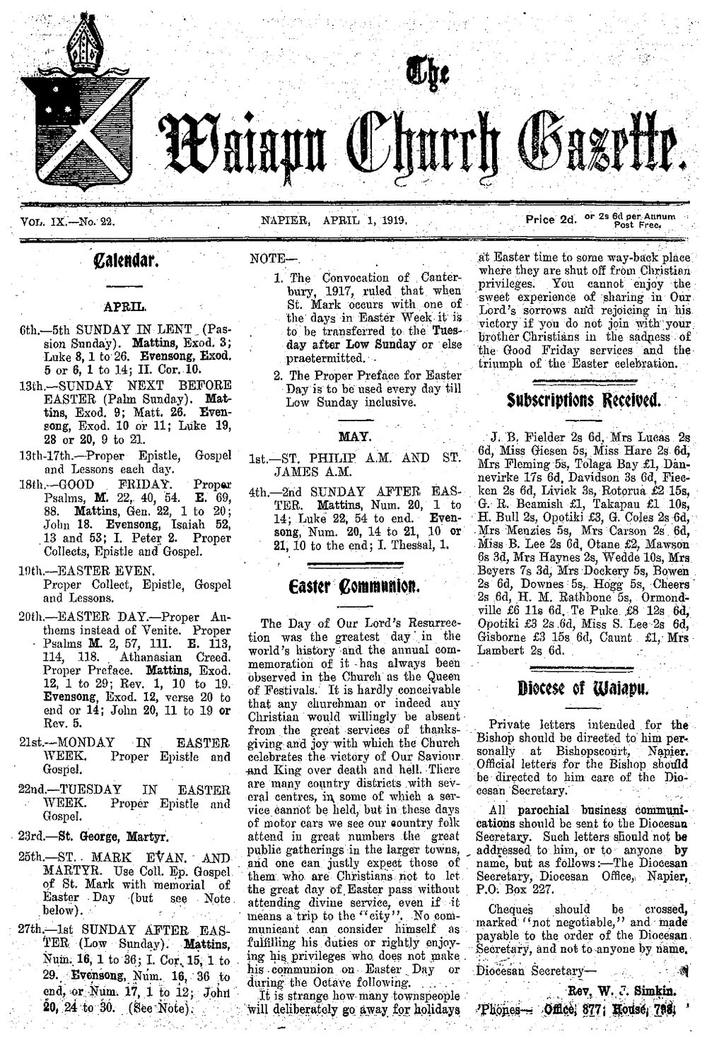 The Waiapu Church Gazette: 1st April 1919