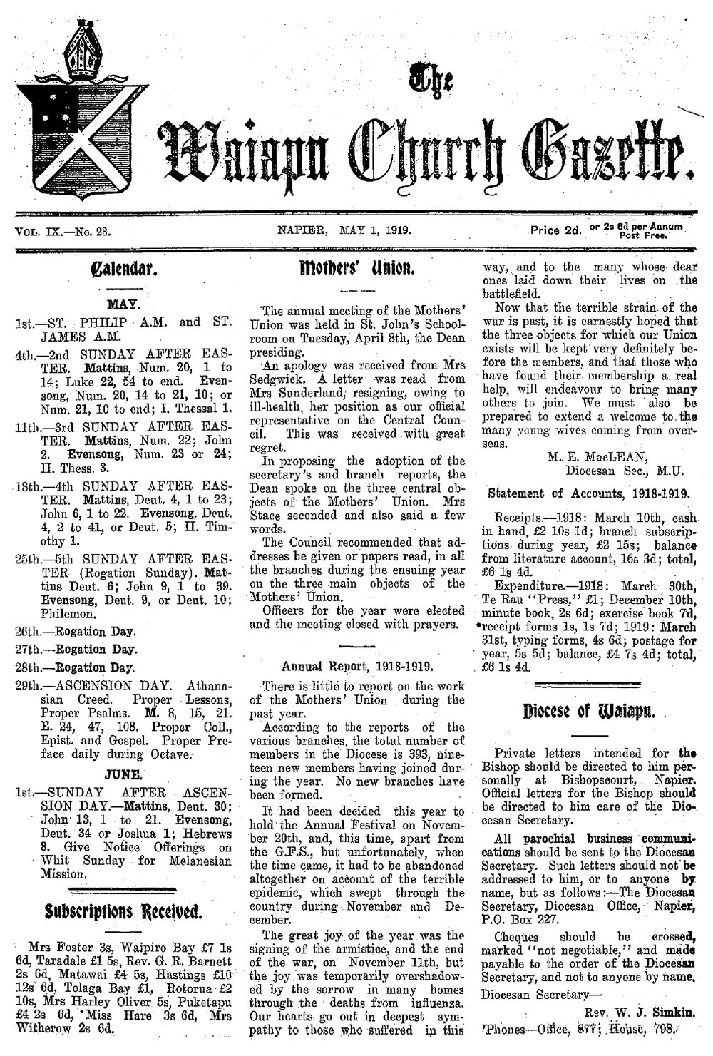 The Waiapu Church Gazette: 1st May 1919