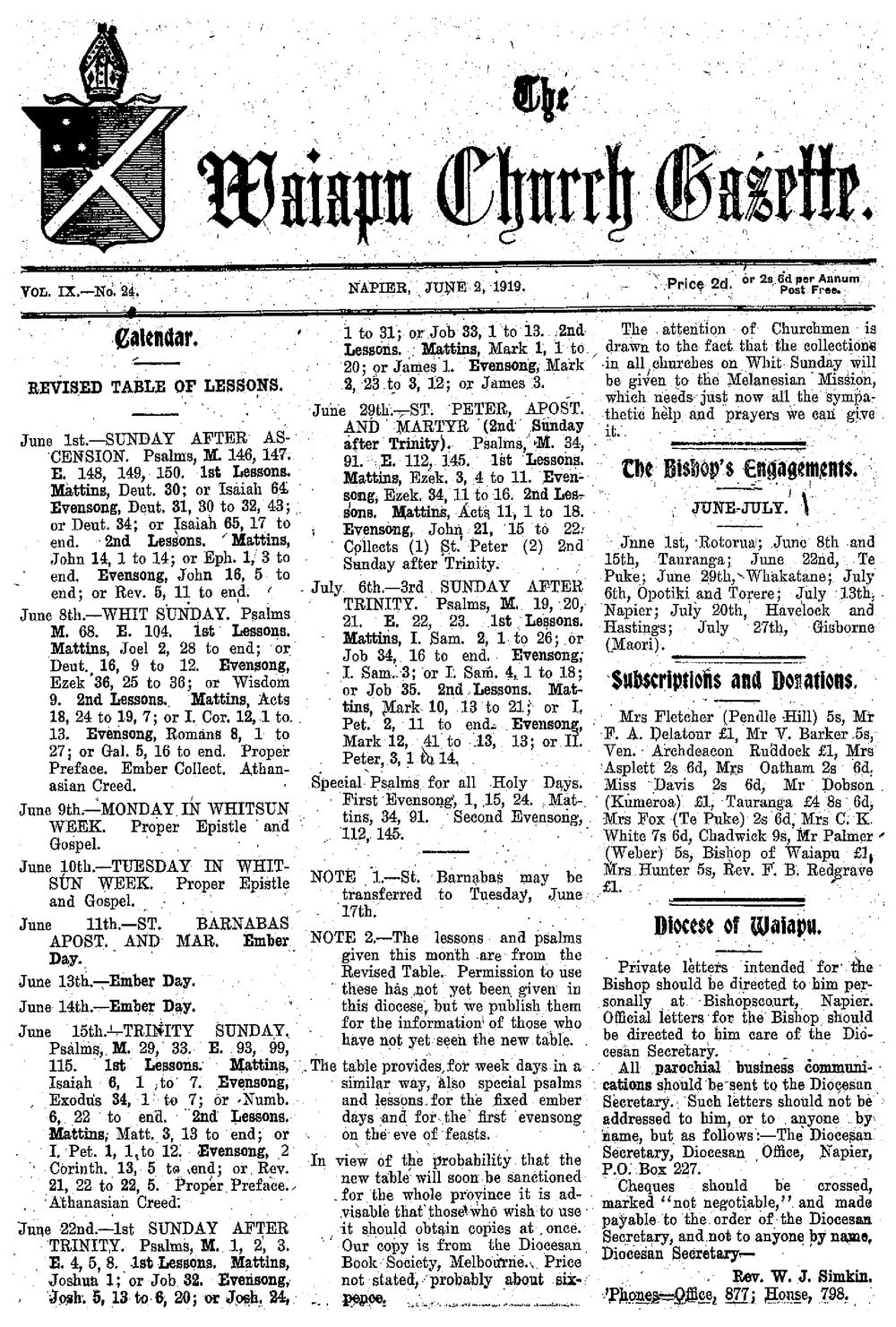 The Waiapu Church Gazette: 2nd June 1919