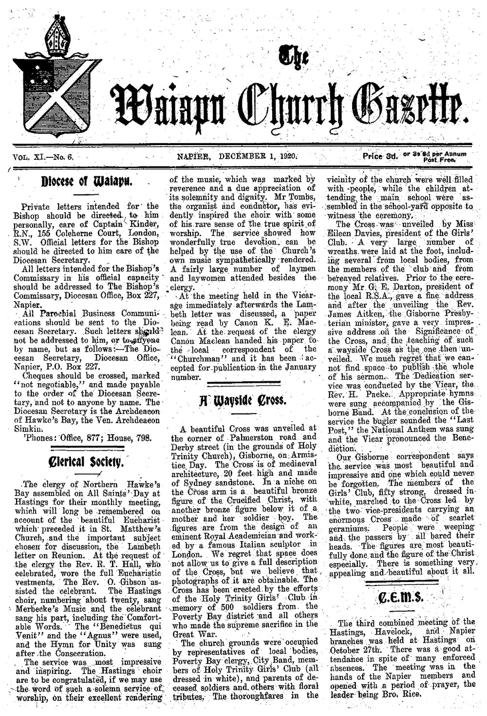 The Waiapu Church Gazette: 1st December 1920