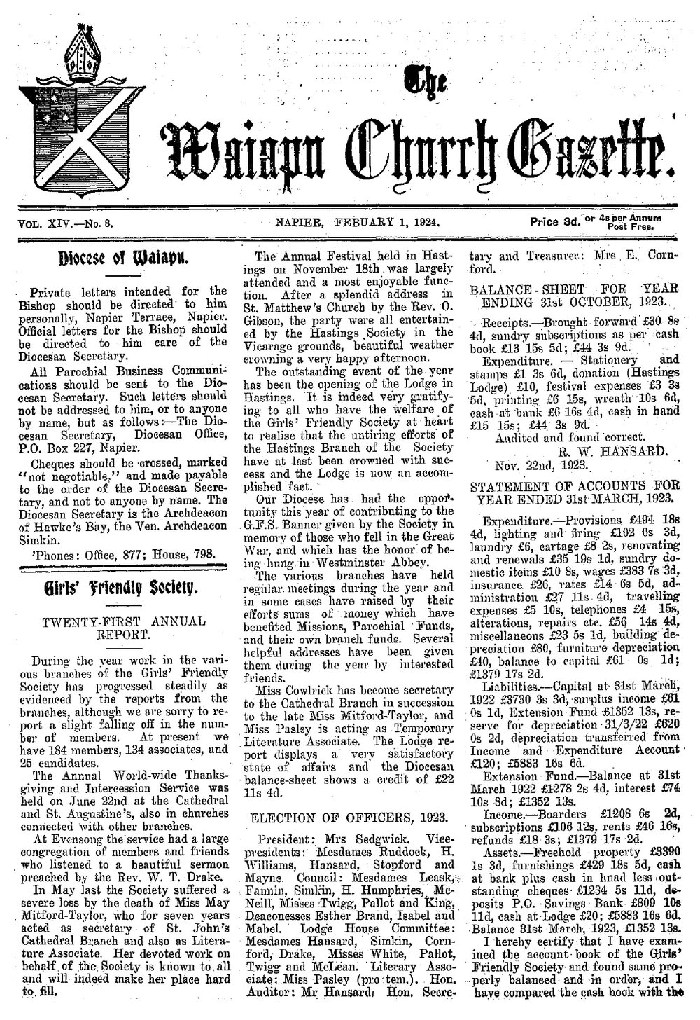 The Waiapu Church Gazette: 1st February 1924