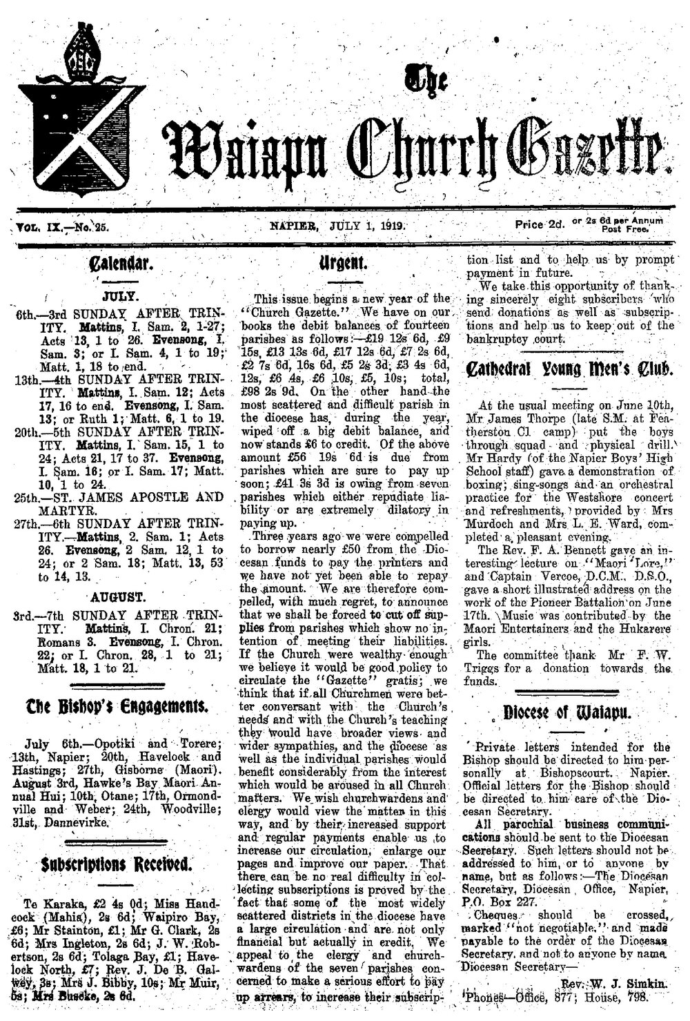 The Waiapu Church Gazette: 1st July 1919