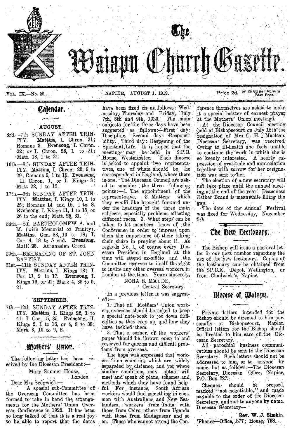 The Waiapu Church Gazette: 1st August 1919