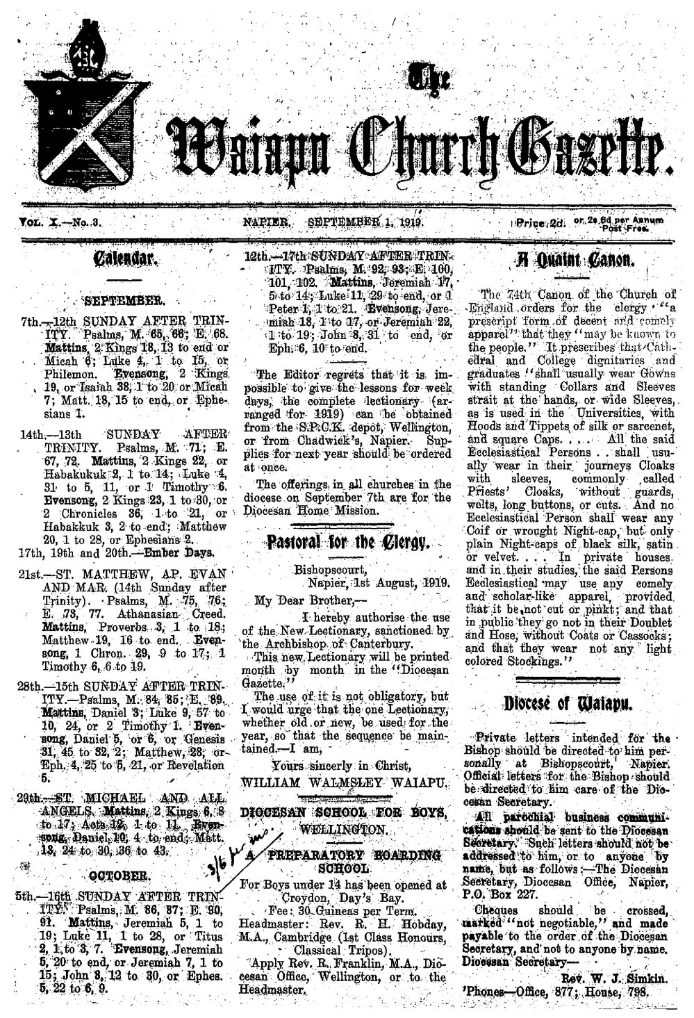 The Waiapu Church Gazette: 1st September 1919
