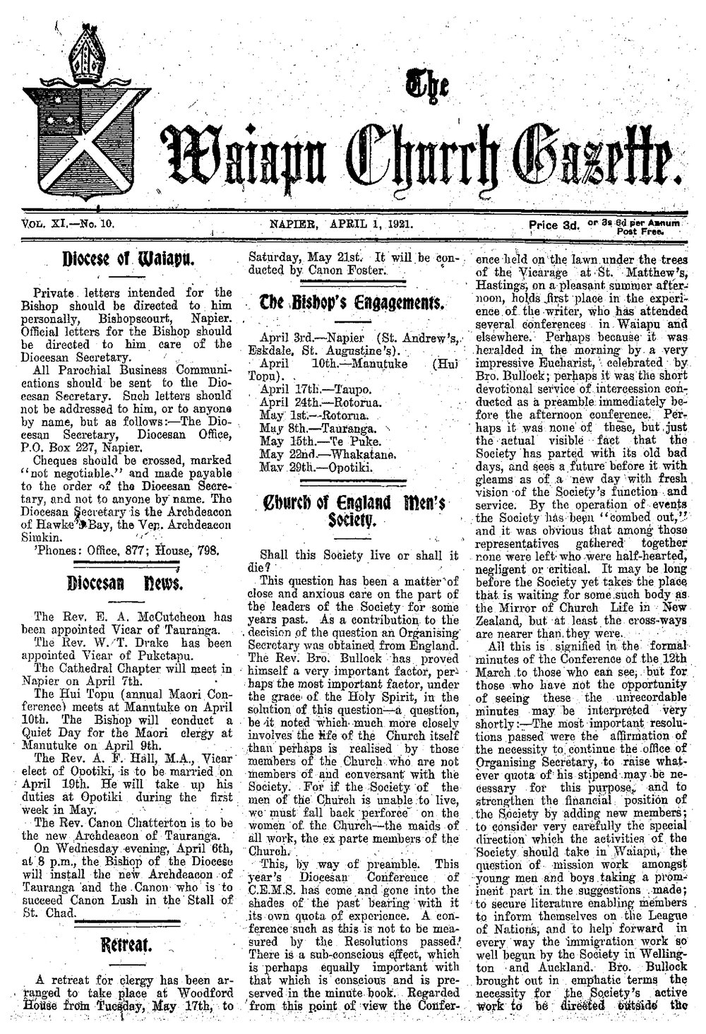 The Waiapu Church Gazette: 1st April 1921