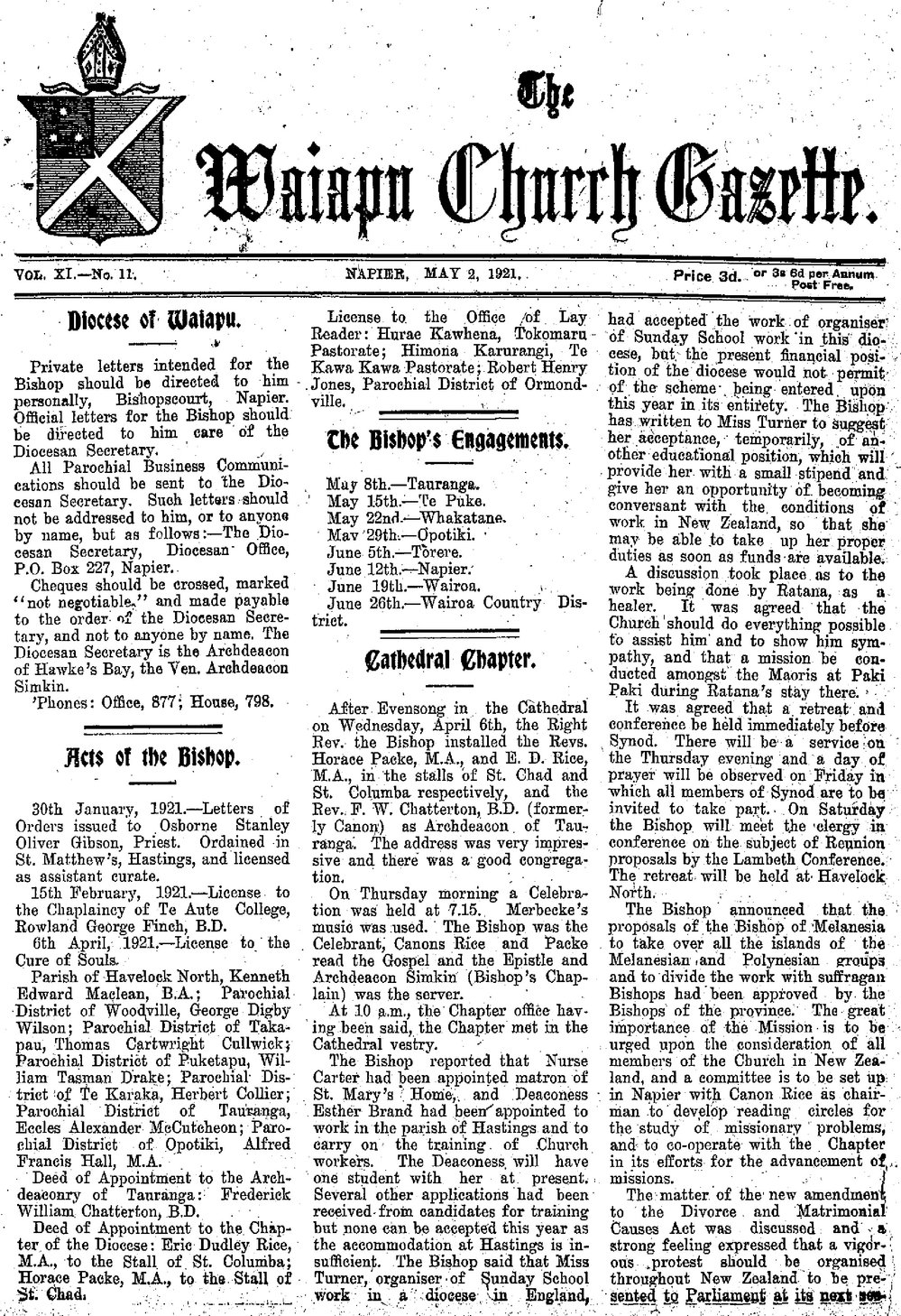 The Waiapu Church Gazette: 2nd May 1921