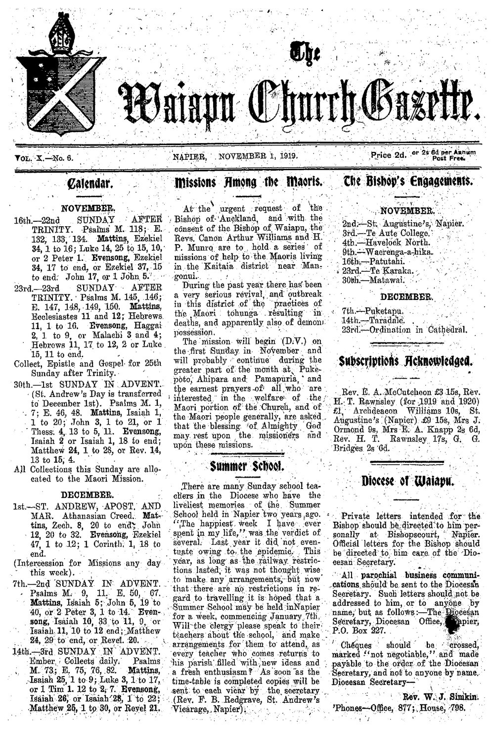 The Waiapu Church Gazette: 1st November 1919