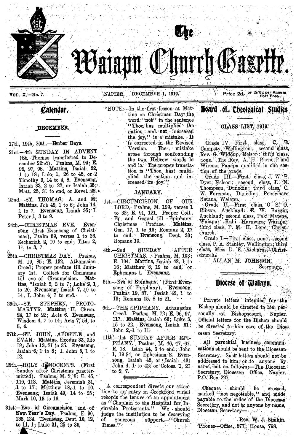 The Waiapu Church Gazette: 1st December 1919