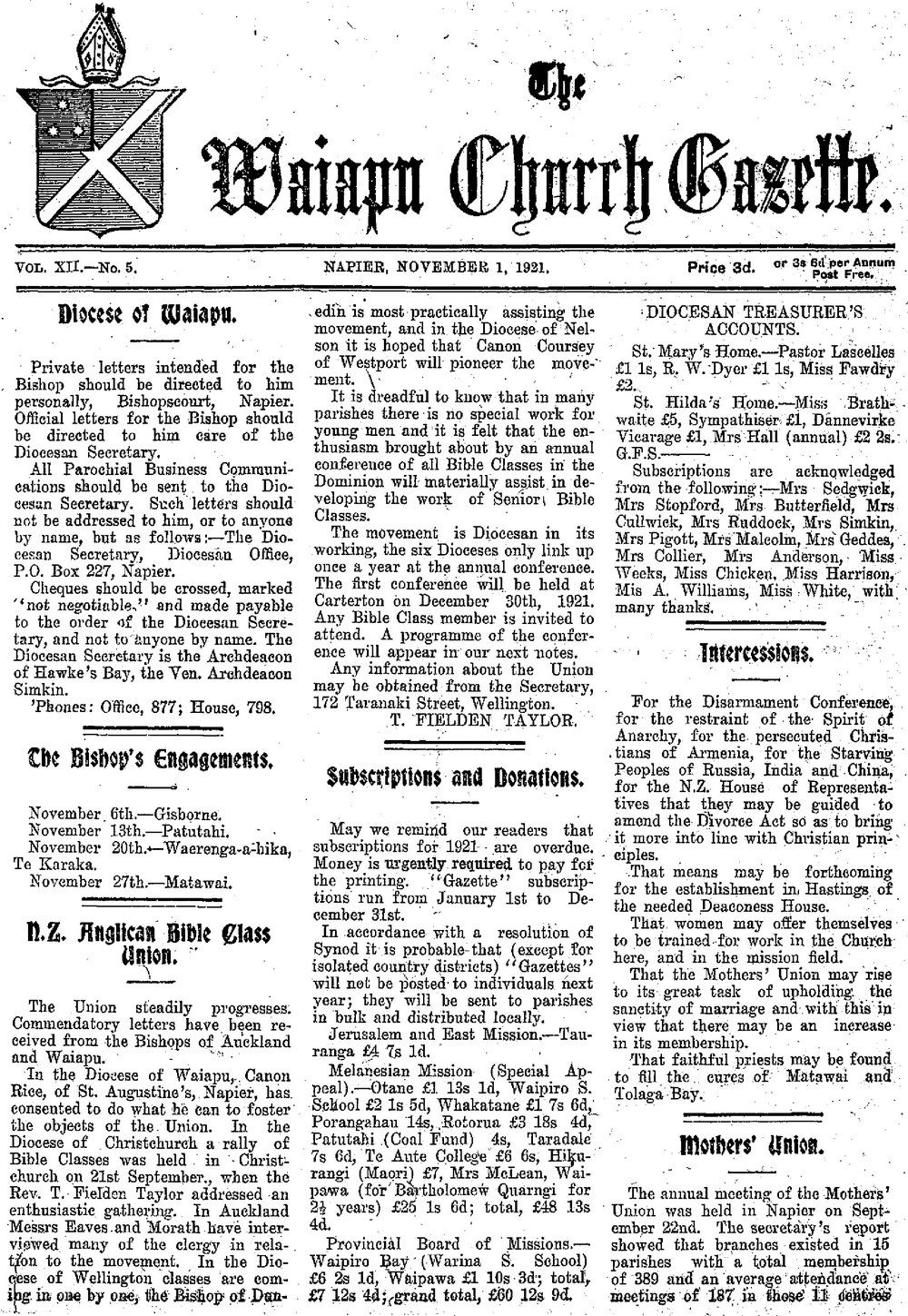 The Waiapu Church Gazette: 1st November 1921