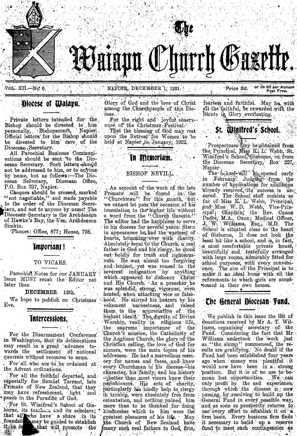 The Waiapu Church Gazette: 1st December 1921