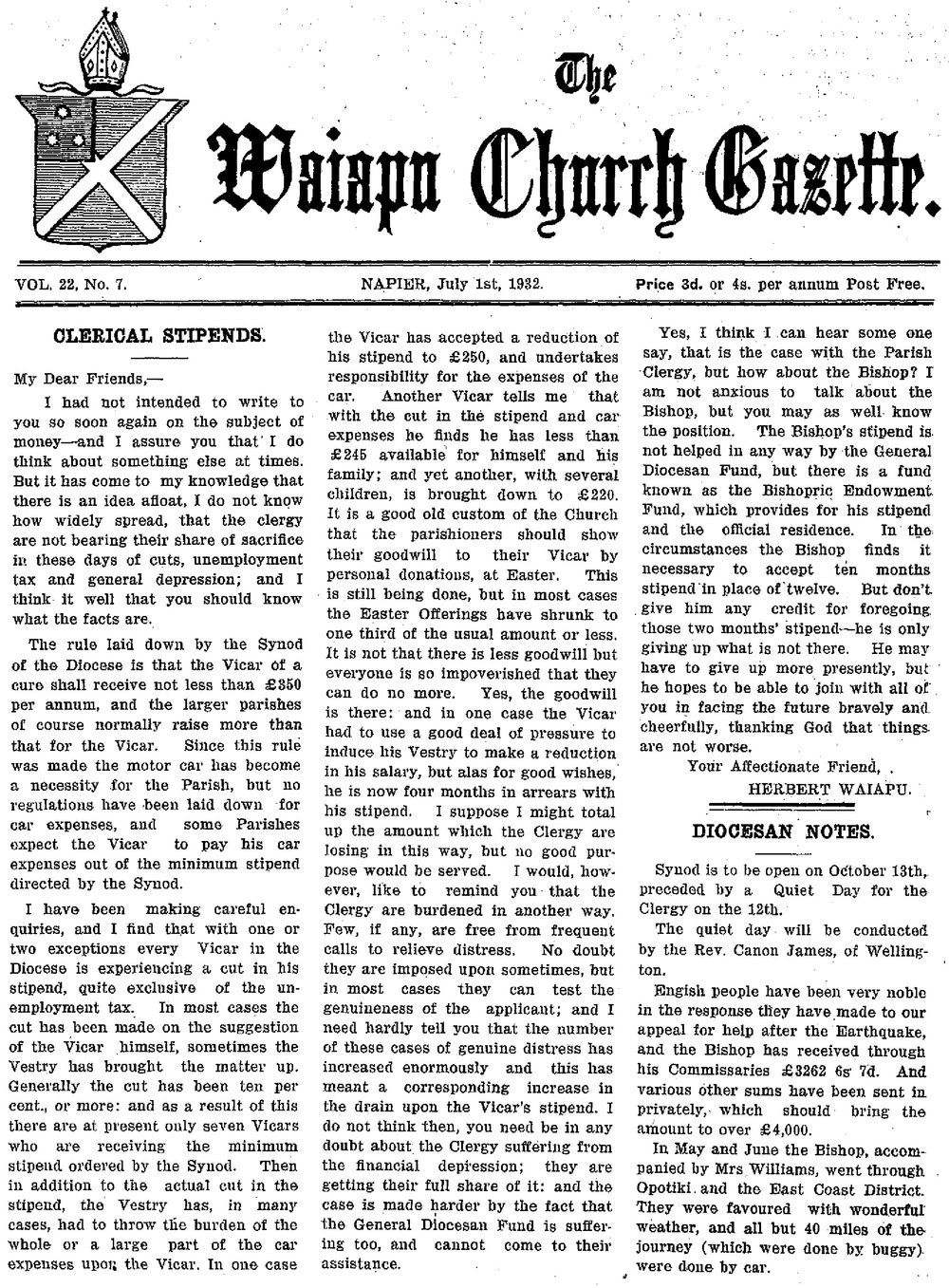 The Waiapu Church Gazette: 1st July 1932