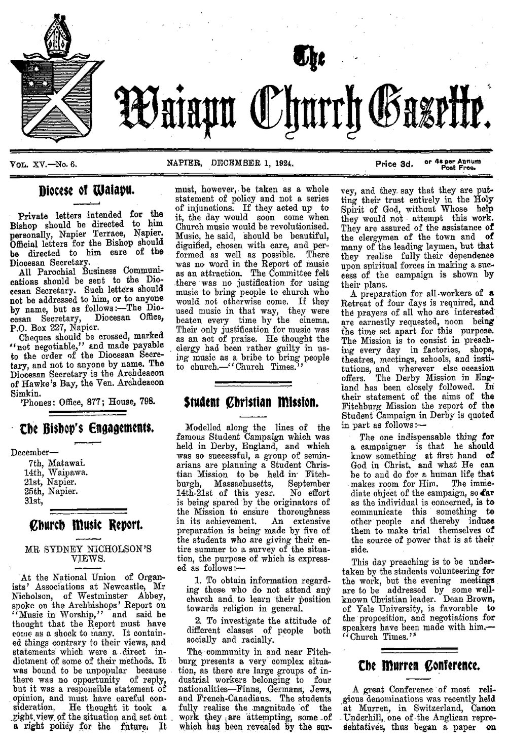 The Waiapu Church Gazette: 1st December 1924