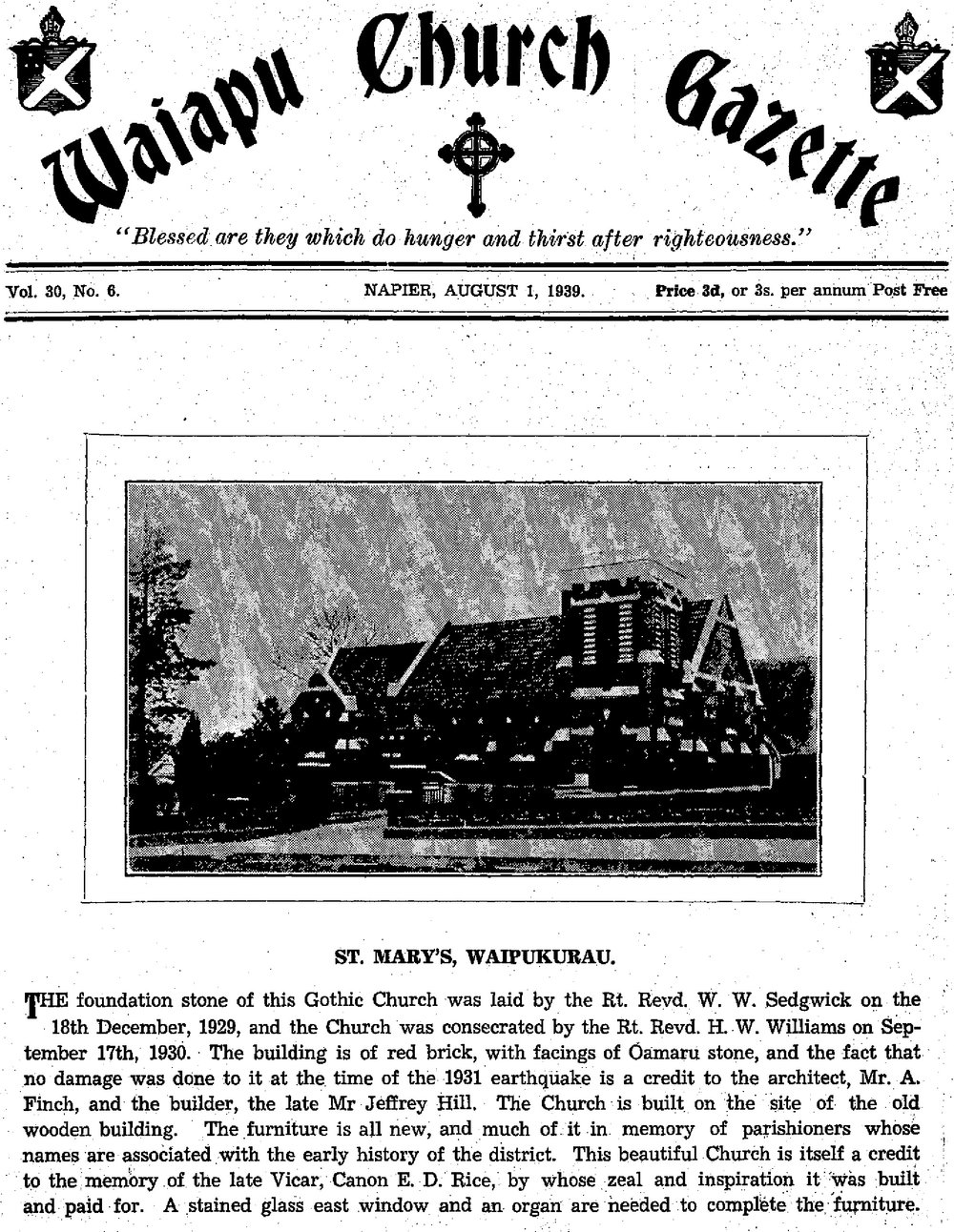 The Waiapu Church Gazette: 1st August 1939