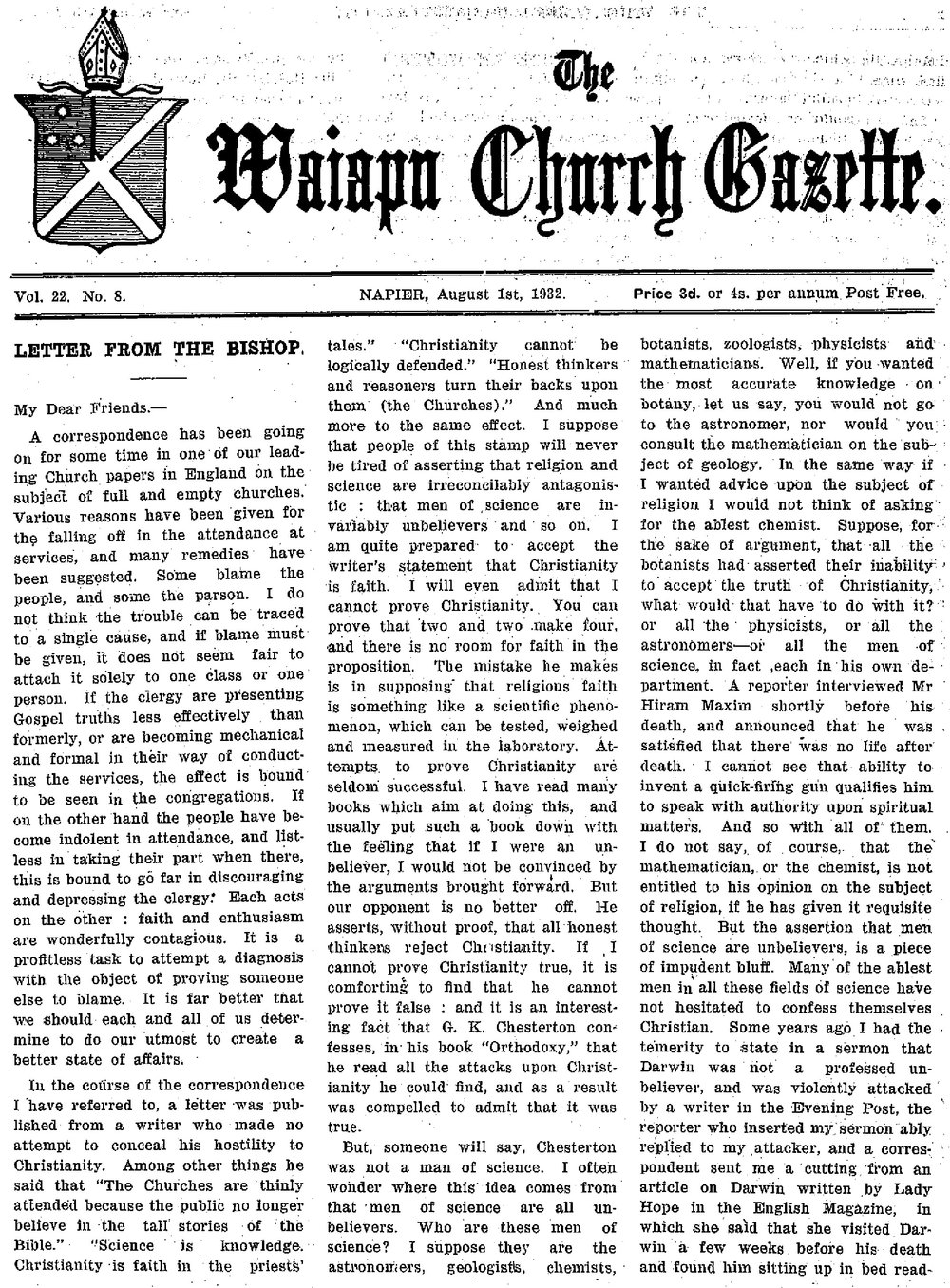 The Waiapu Church Gazette: 1st August 1932