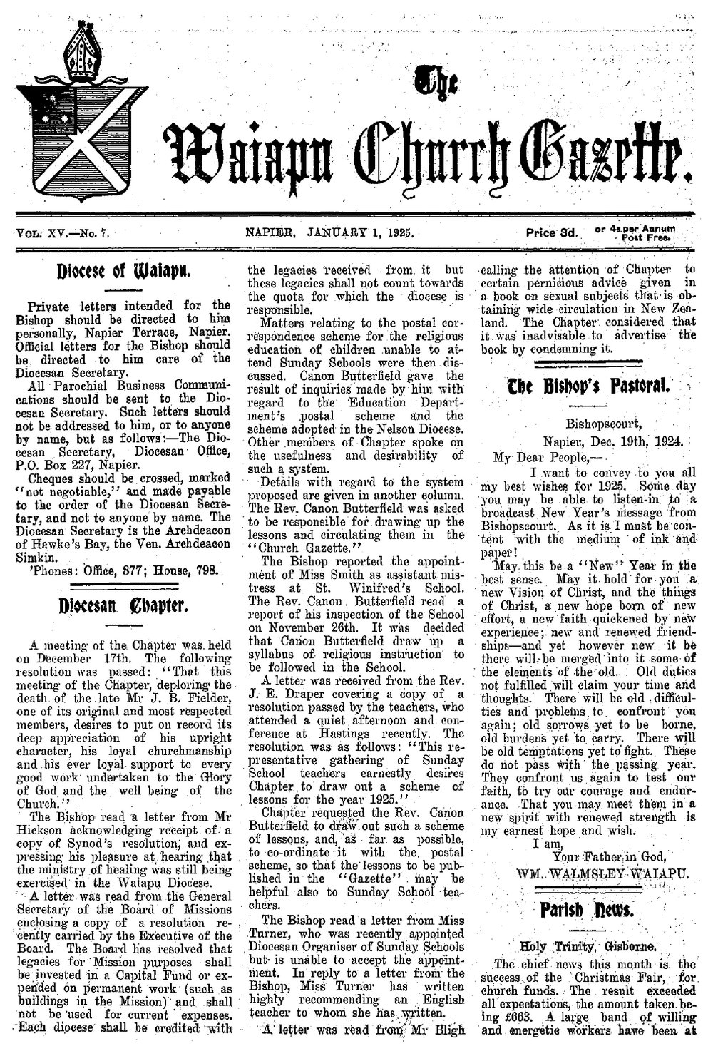 The Waiapu Church Gazette: 1st January 1925
