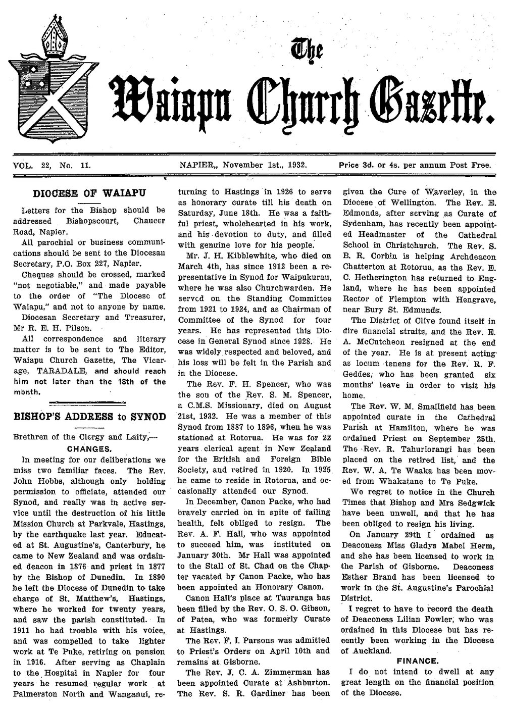 The Waiapu Church Gazette: 1st November 1932
