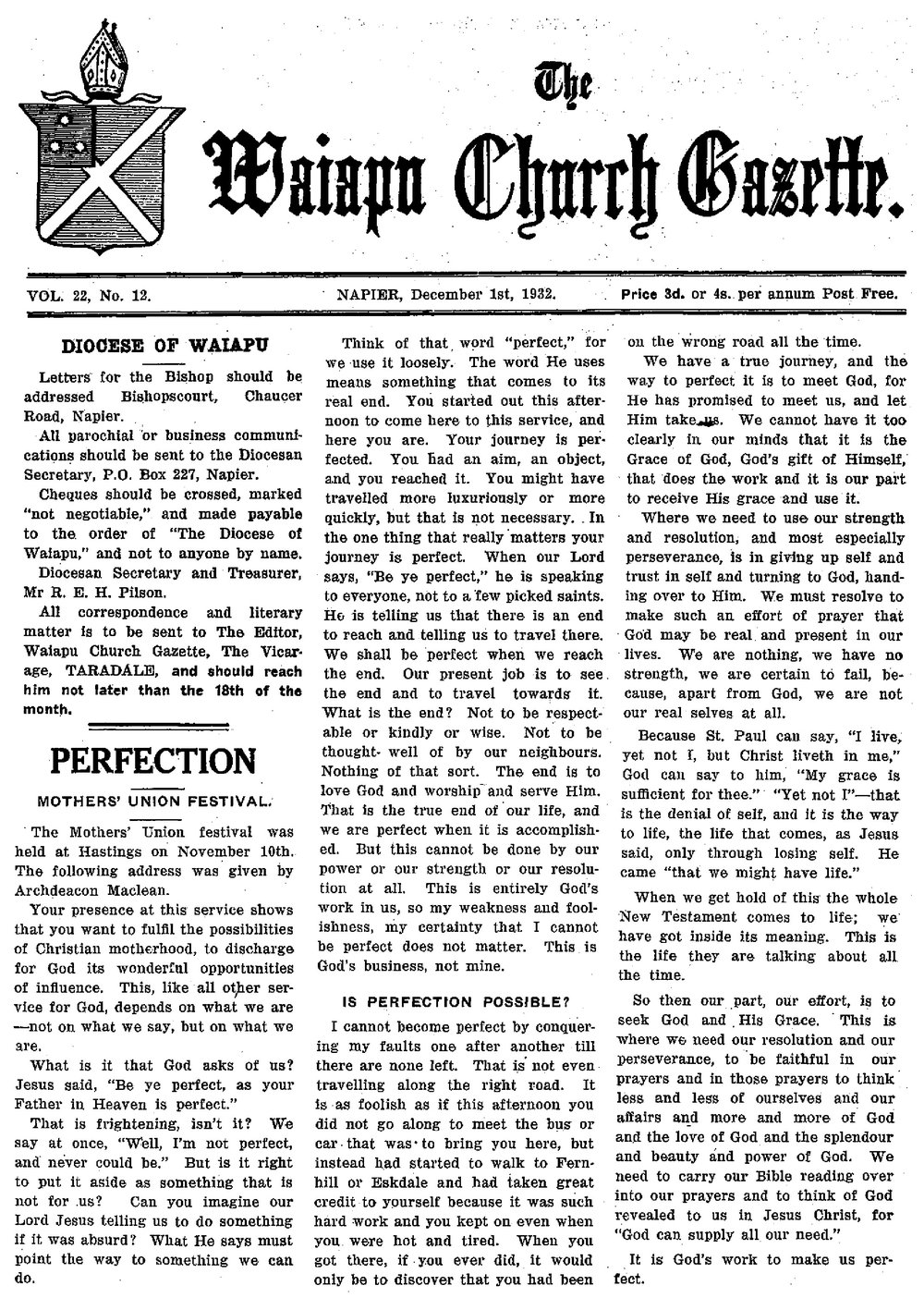 The Waiapu Church Gazette: 1st December 1932