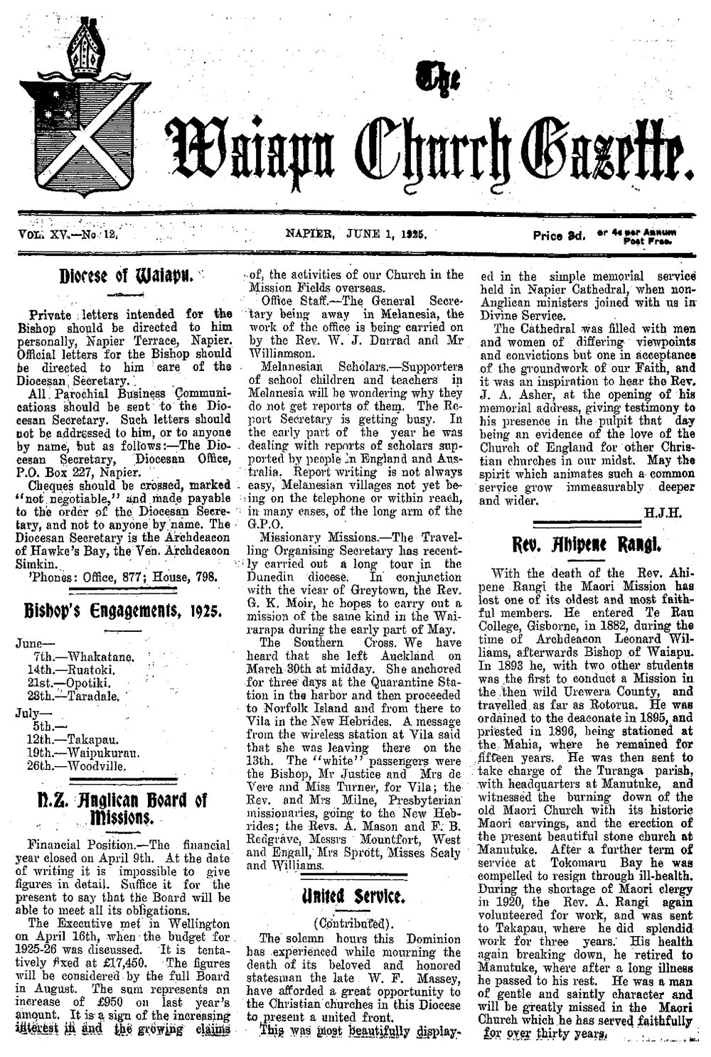 The Waiapu Church Gazette: 1st June 1925