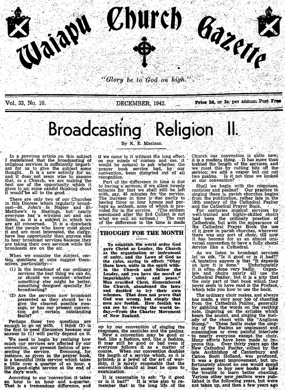 The Waiapu Church Gazette: 1st December 1942