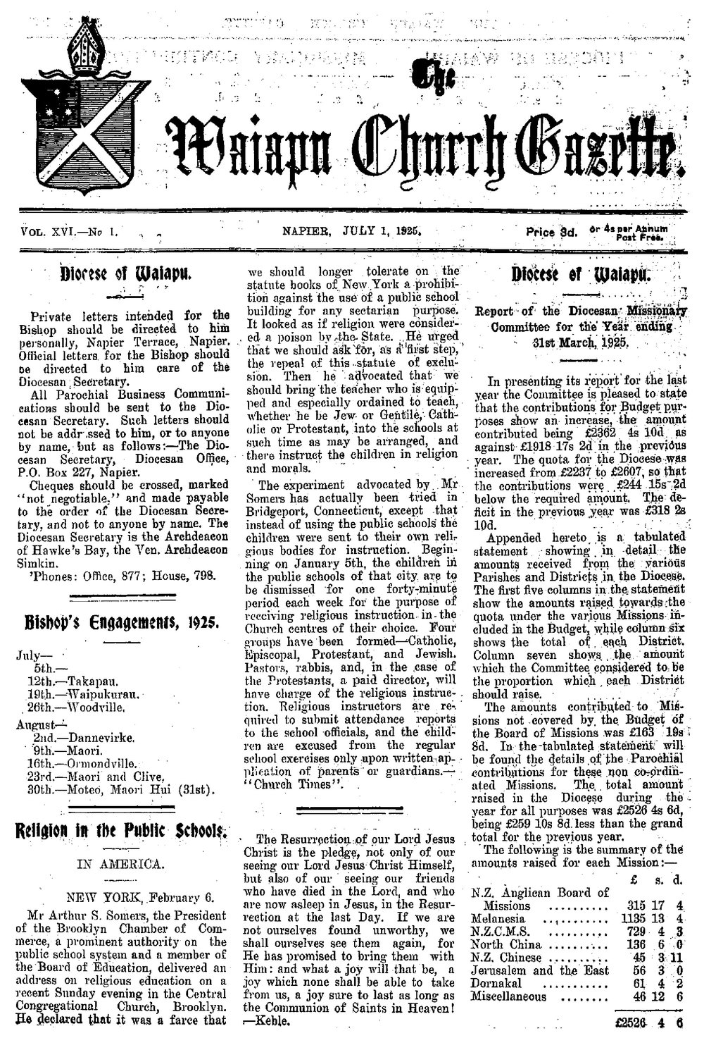 The Waiapu Church Gazette: 1st July 1925