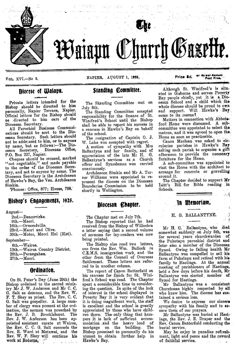 The Waiapu Church Gazette: 1st August 1925