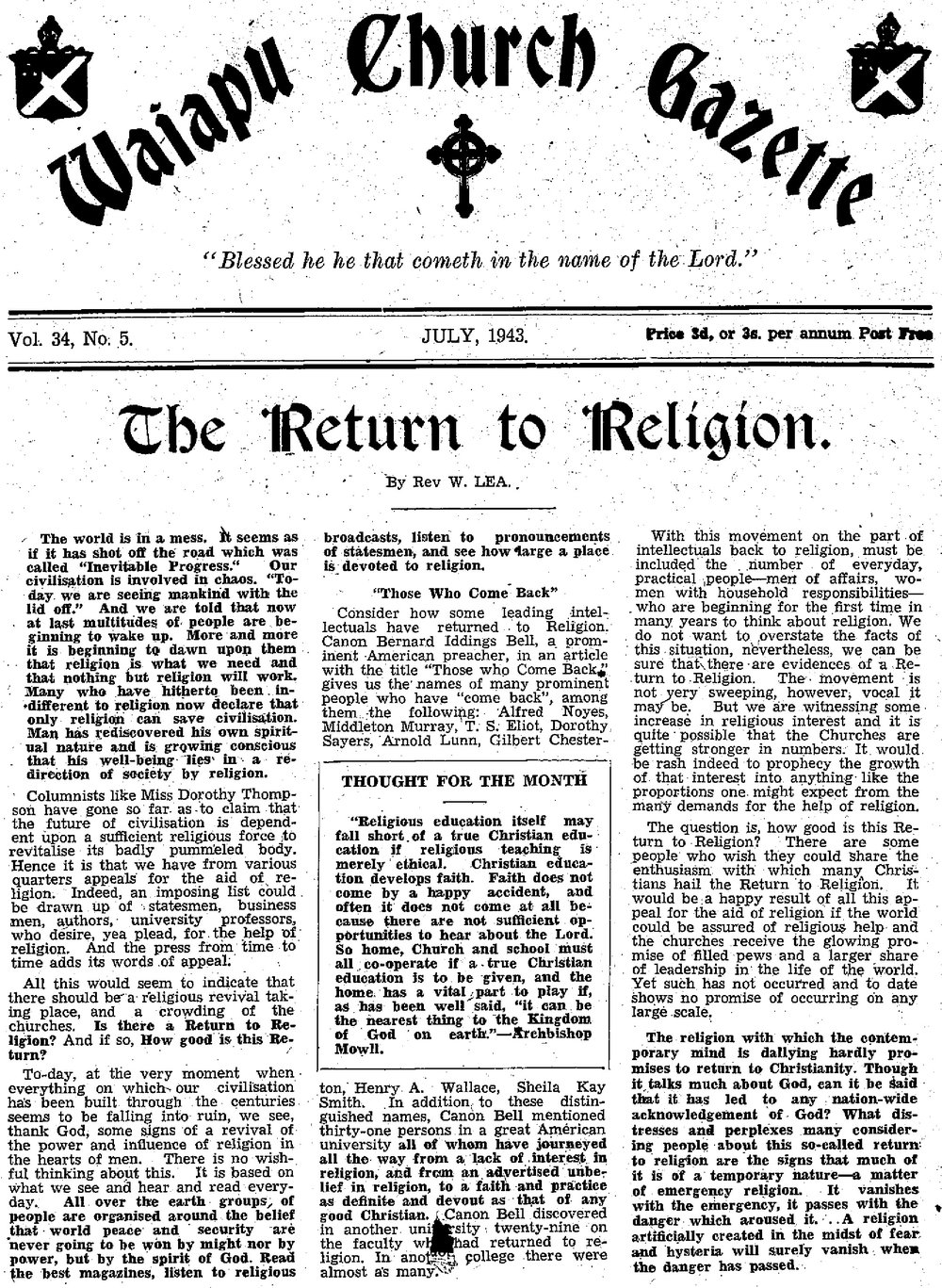 The Waiapu Church Gazette: 1st July 1943