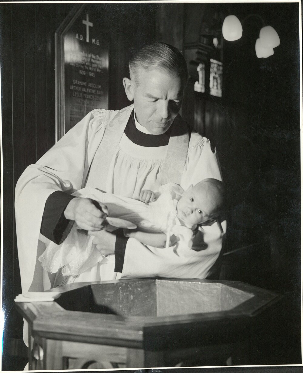 Baptism, Rev. J.H. Maunsell at St George&rsquo;s church Frankton [Lindberg Photo prods] 3 prints