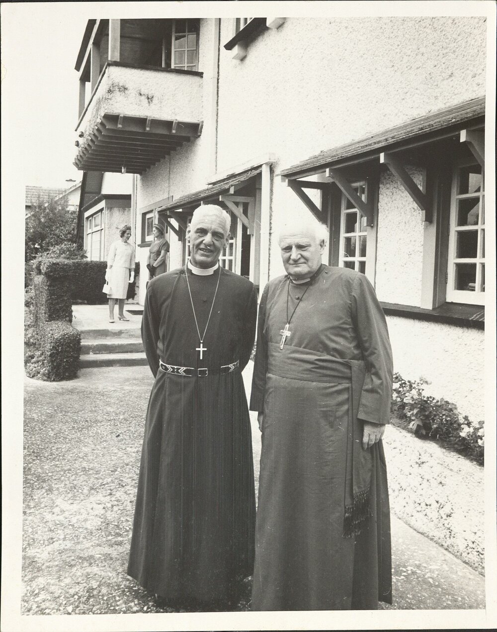 Display copy print on card,, with annotation &ndash; &lsquo;Second Archbishop of Canterbury &hellip; most Rev. Dr Ramsey &amp; Bishop J.T. Holland of Bishopscourt, River Rd, Hamilton