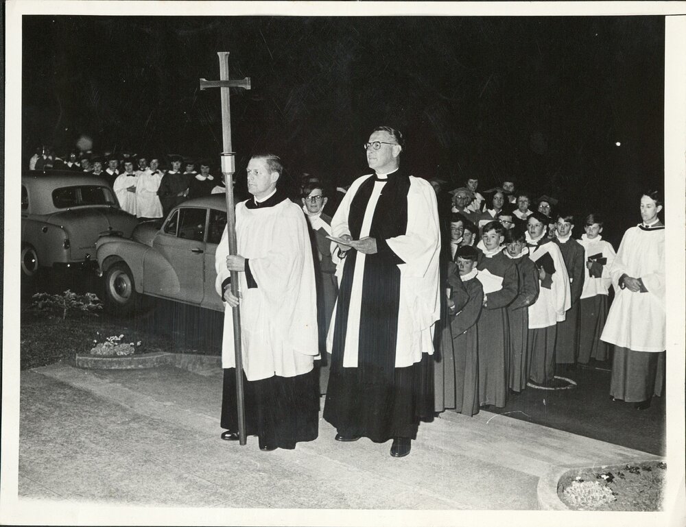 RSCM choir festival procession, St peter&rsquo;s Cathedral Oct. 1965. Crucifer J.F.G. Bell; Marshal: Rev. Canon B.H. Pierard, choirmaster: Guyon Wells