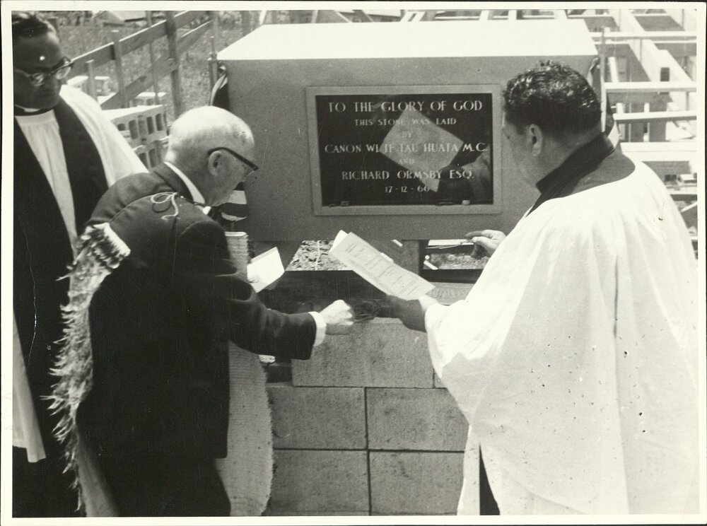 &lsquo;Laying Foundation stone&rsquo; Waitomo Maori Pastorate House, Te Kuiti, 17 Dec. 1966, Revs. Te P.N. Panapa, R. Ormsby, Rev. Canon W.T. Huata