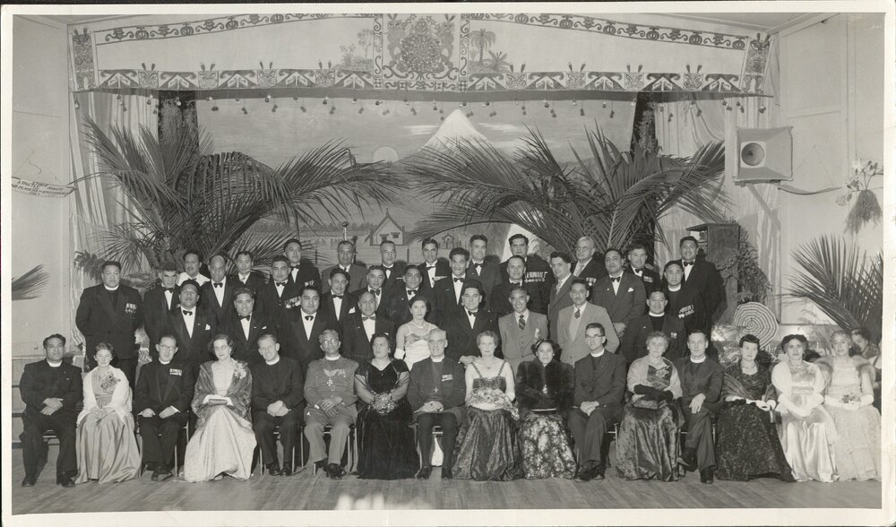 &lsquo;Members of Maori Battalion presented to the Bishop of Waikato and Mrs Holland at Anglican Maori Festival ball at Ngaruawahia, August 1957